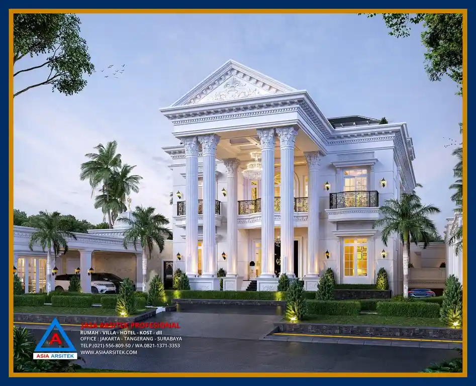 Desain rumah klasik tanpa pagar di Bekasi – Memperlihatkan kemewahan arsitektur rumah secara penuh, dengan sentuhan kolonial dan pencahayaan fasad yang optimal.