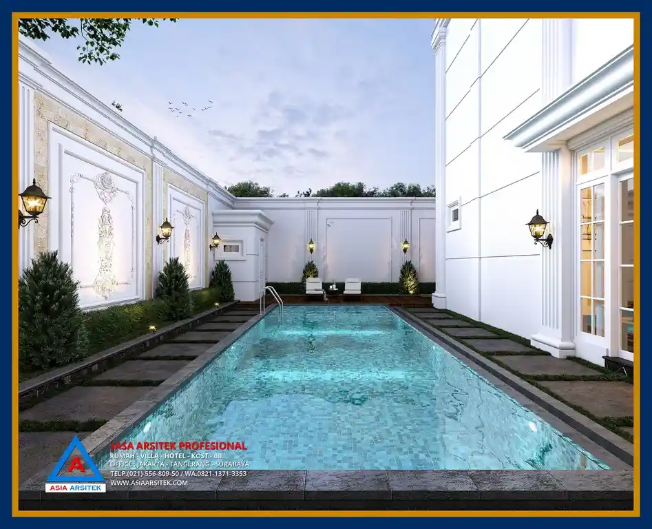 Desain kolam renang rumah mewah klasik 2 lantai – Menghadirkan nuansa resort dengan kolam berkonsep privat di samping bangunan utama.