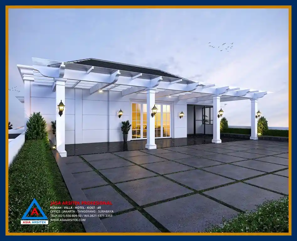 Rooftop rumah mewah klasik di Bekasi – Area santai terbuka dengan pemandangan luas dan desain pagar klasik modern untuk gaya hidup elegan.
