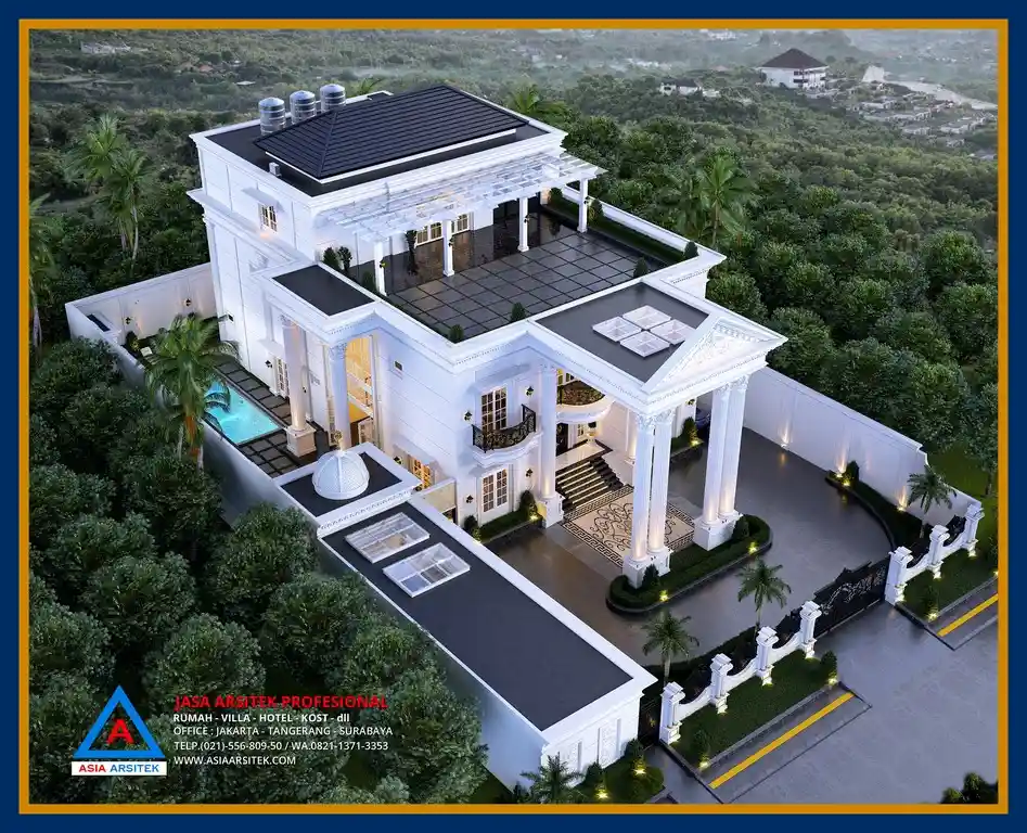 Tampilan atap rumah mewah klasik dari atas – Menunjukkan layout bangunan 24x35 meter secara keseluruhan, lengkap dengan area kolam dan rooftop.