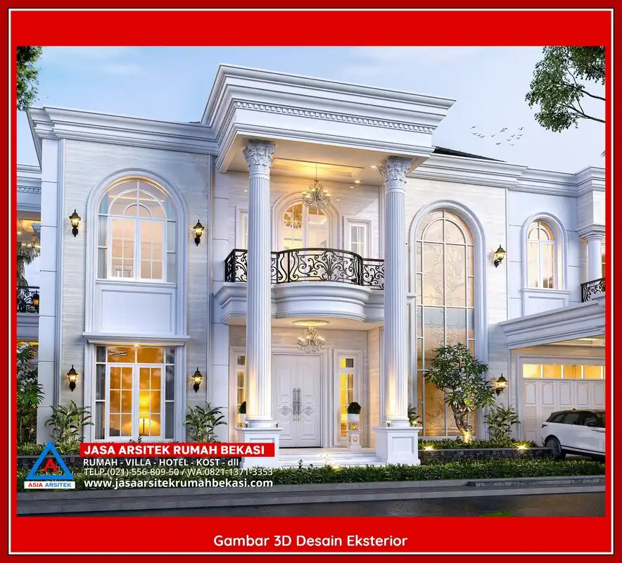 Desain Arsitek 3D rumah klasik 2 lantai di Jakasetia Bekasi dengan nuansa mewah dan timeless