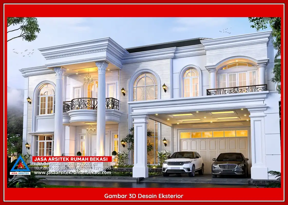 Desain Arsitek 3D rumah klasik 2 lantai di Jakasetia Bekasi dengan nuansa mewah dan timeless
