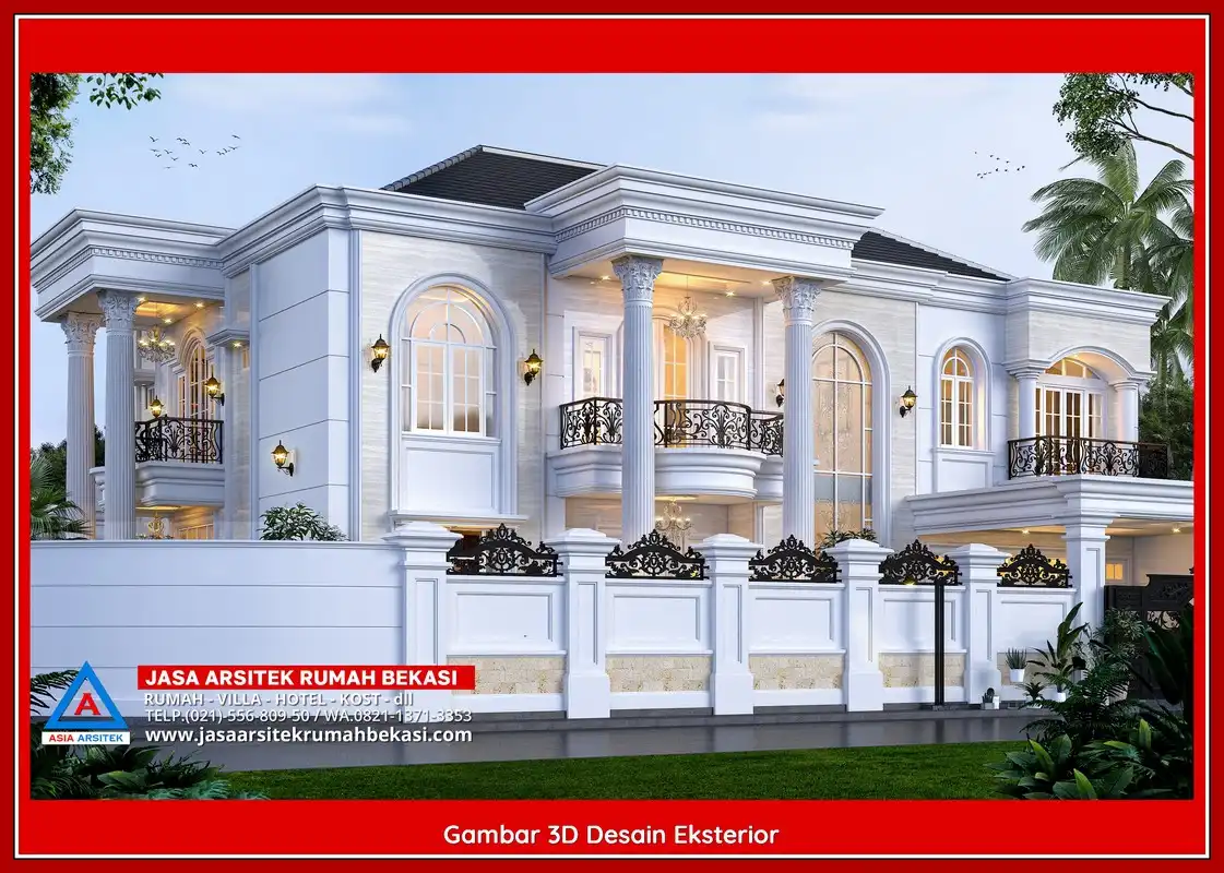 Desain Arsitek 3D rumah klasik 2 lantai di Jakasetia Bekasi dengan nuansa mewah dan timeless