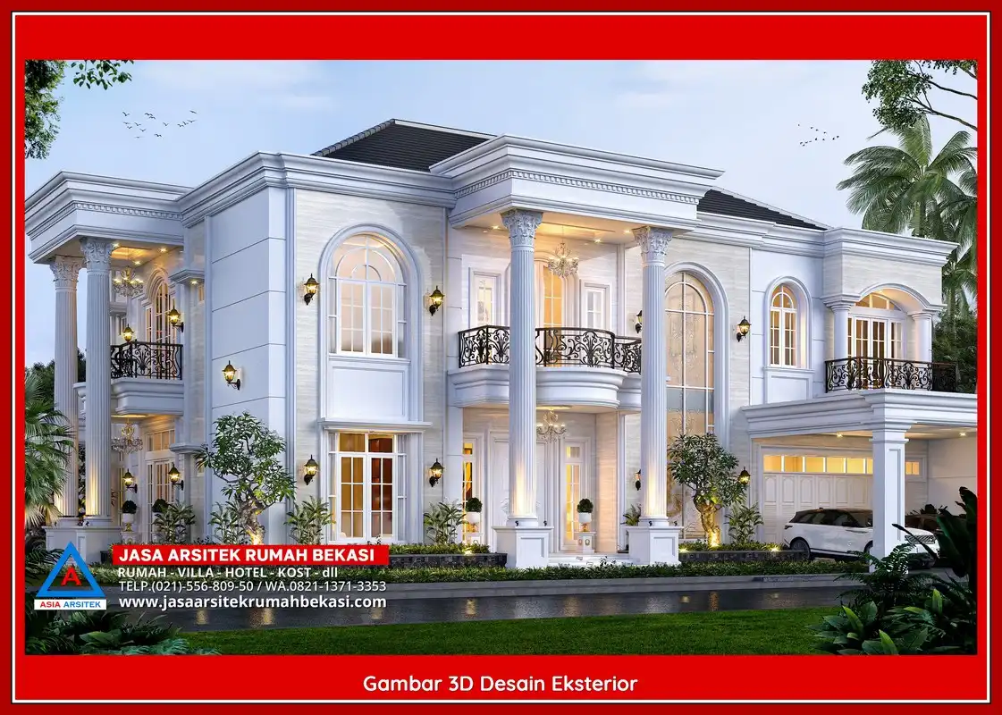 Desain Arsitek 3D rumah klasik 2 lantai di Jakasetia Bekasi dengan nuansa mewah dan timeless