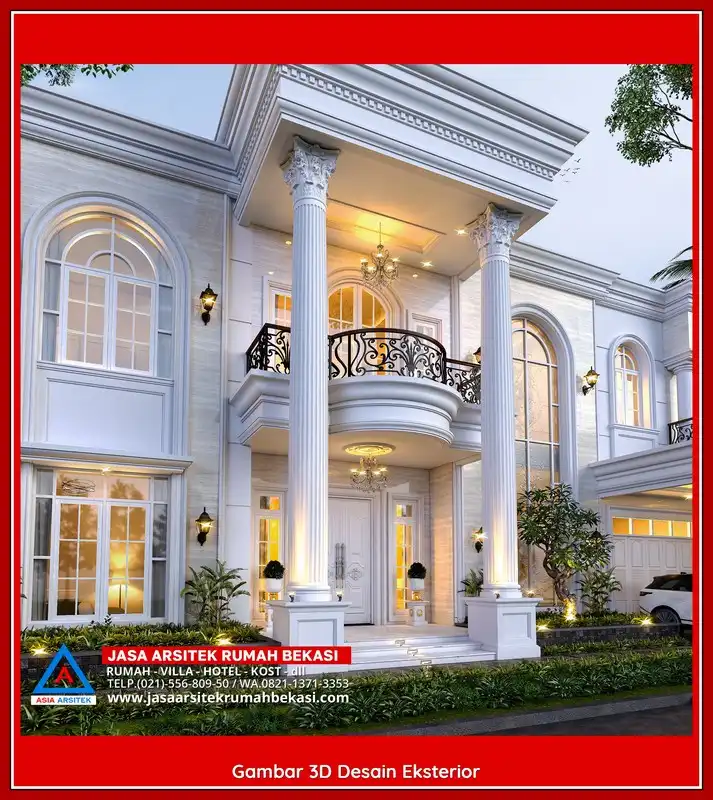 Desain Arsitek 3D rumah klasik 2 lantai di Jakasetia Bekasi dengan nuansa mewah dan timeless