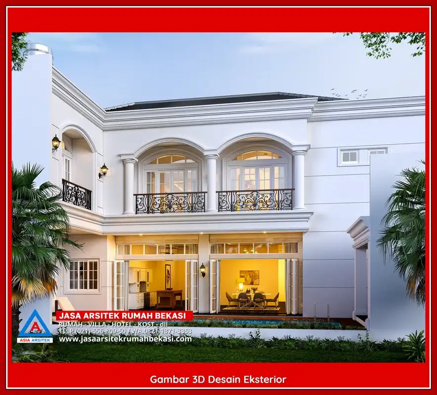 Desain Arsitek 3D rumah klasik 2 lantai di Jakasetia Bekasi dengan nuansa mewah dan timeless