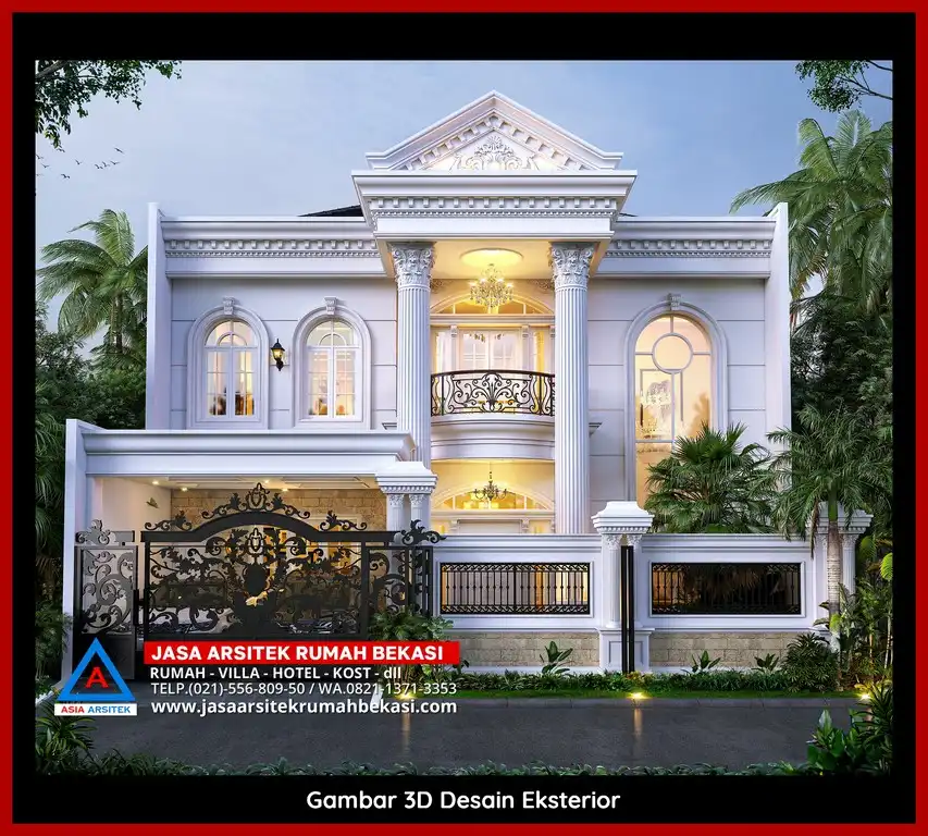 Visualisasi 3D rumah klasik bergaya Eropa di Jatibening Baru Bekasi dengan ornamen mewah