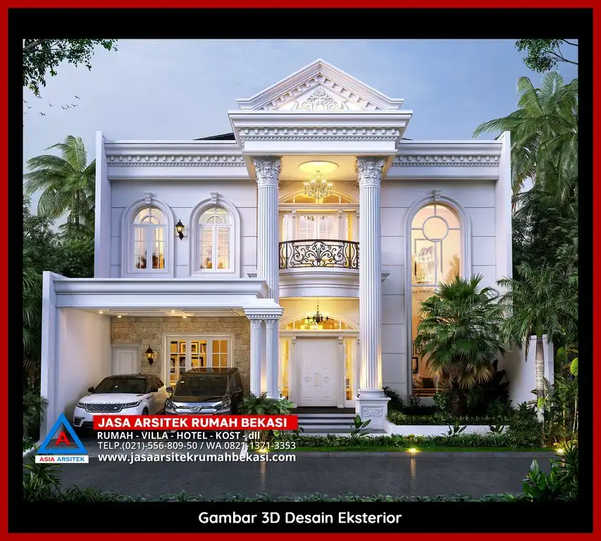 Visualisasi 3D rumah klasik bergaya Eropa di Jatibening Baru Bekasi dengan ornamen mewah