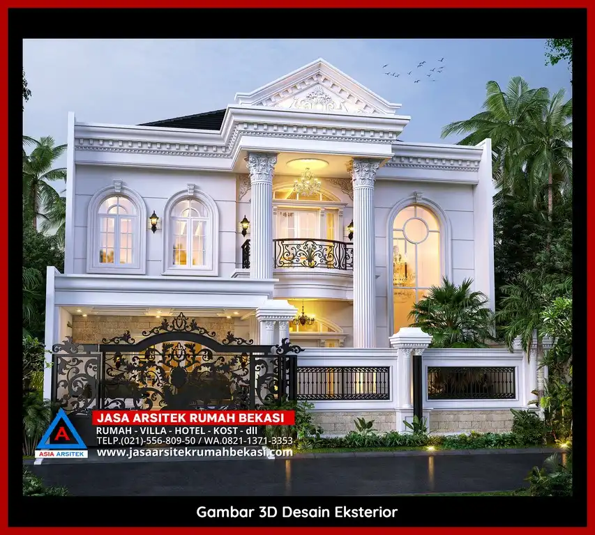 Visualisasi 3D rumah klasik bergaya Eropa di Jatibening Baru Bekasi dengan ornamen mewah