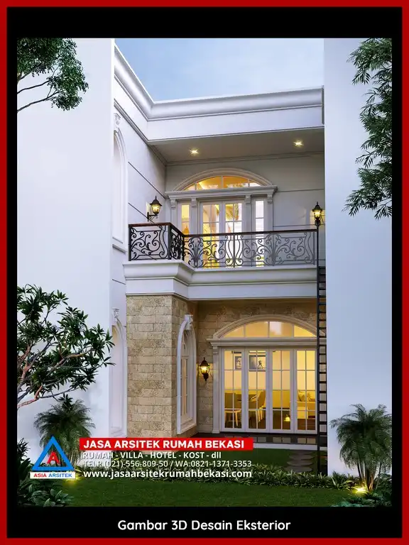 Visualisasi 3D rumah klasik bergaya Eropa di Jatibening Baru Bekasi dengan ornamen mewah