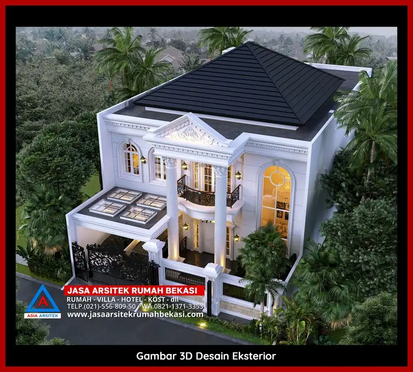 Visualisasi 3D rumah klasik bergaya Eropa di Jatibening Baru Bekasi dengan ornamen mewah
