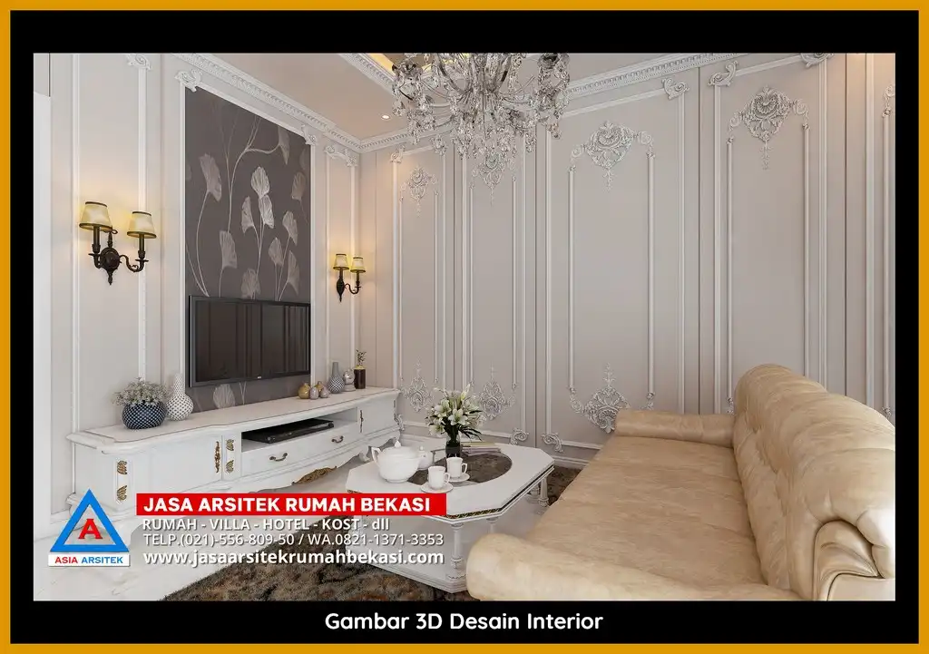 Visualisasi 3D rumah klasik bergaya Eropa di Jatibening Baru Bekasi dengan ornamen mewah