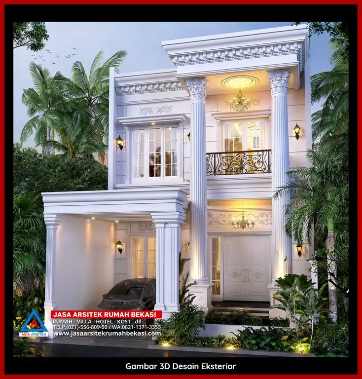 Desain Arsitek 3D rumah klasik 2 lantai di Jatibening Bekasi dengan nuansa mewah dan timeless