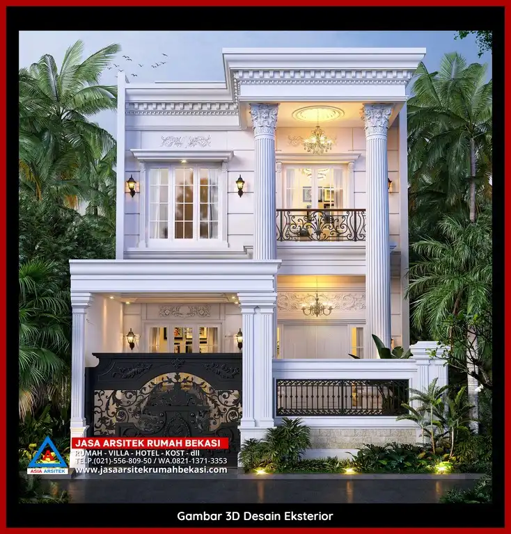 Desain Arsitek 3D rumah klasik 2 lantai di Jatibening Bekasi dengan nuansa mewah dan timeless
