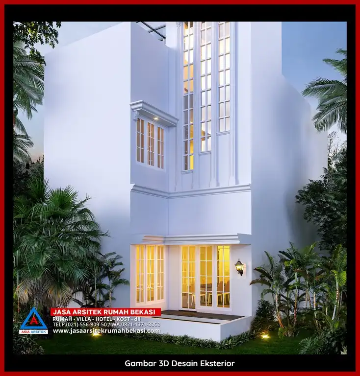 Desain Arsitek 3D rumah klasik 2 lantai di Jatibening Bekasi dengan nuansa mewah dan timeless
