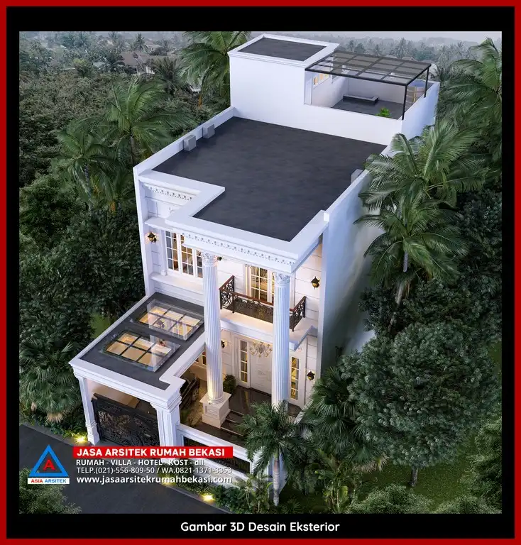 Desain Arsitek 3D rumah klasik 2 lantai di Jatibening Bekasi dengan nuansa mewah dan timeless