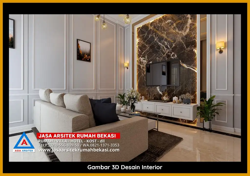 Desain Arsitek 3D rumah klasik 2 lantai di Jatibening Bekasi dengan nuansa mewah dan timeless