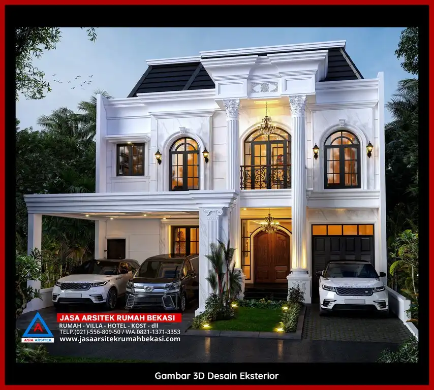 Desain Arsitek 3D fasad rumah klasik mewah di Jaticempaka Bekasi dengan pilar megah dan detail elegan