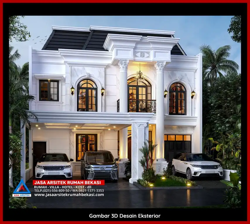 Desain Arsitek 3D fasad rumah klasik mewah di Jaticempaka Bekasi dengan pilar megah dan detail elegan