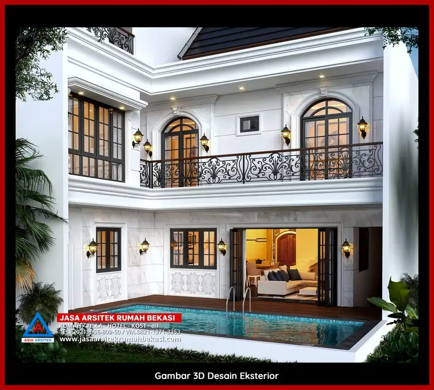 Desain Arsitek 3D fasad rumah klasik mewah di Jaticempaka Bekasi dengan pilar megah dan detail elegan