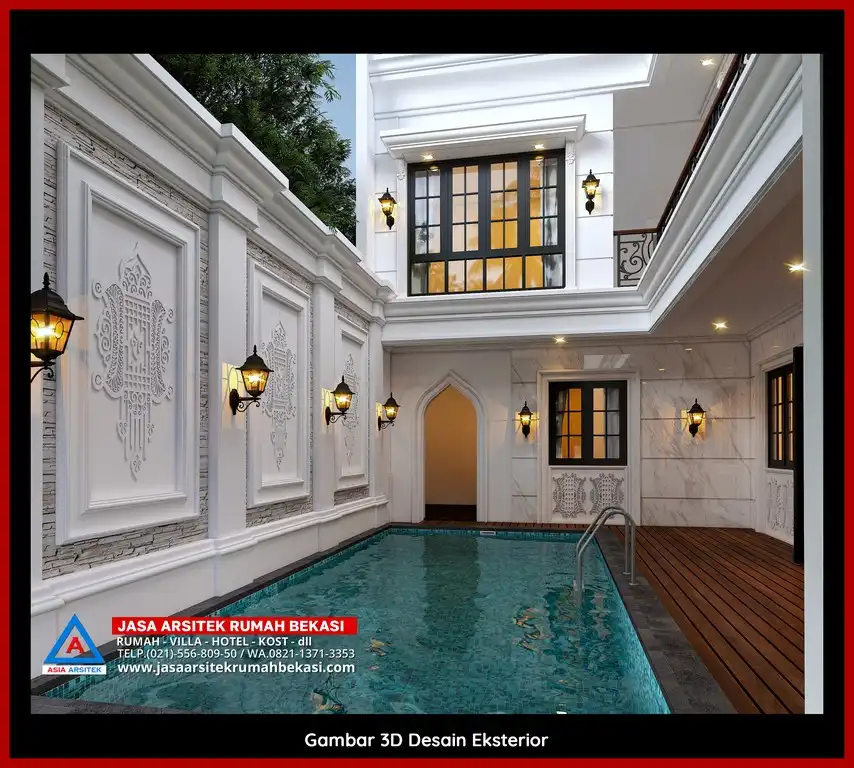Desain Arsitek 3D fasad rumah klasik mewah di Jaticempaka Bekasi dengan pilar megah dan detail elegan