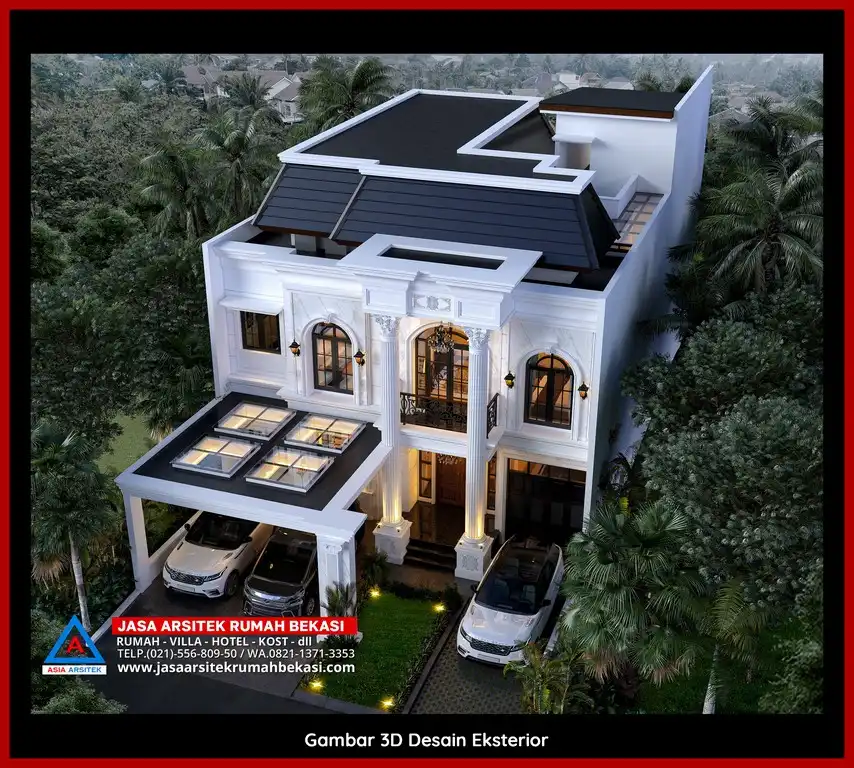 Desain Arsitek 3D fasad rumah klasik mewah di Jaticempaka Bekasi dengan pilar megah dan detail elegan