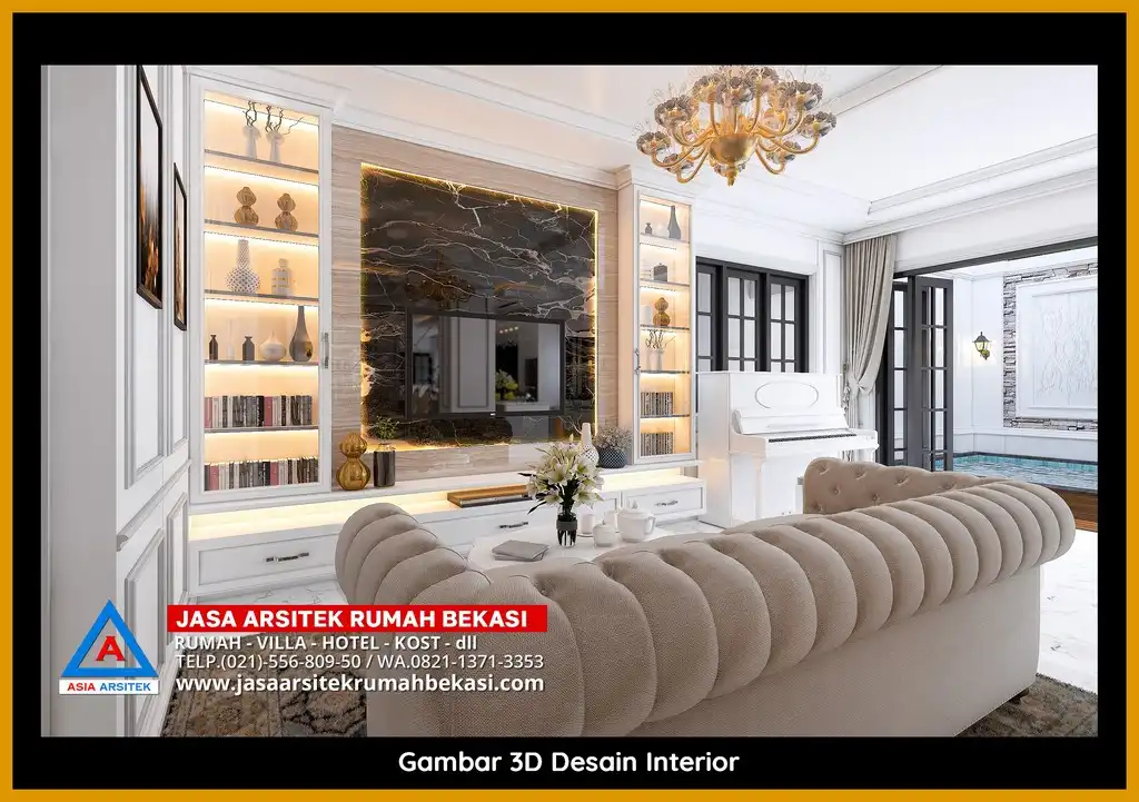 Desain Arsitek 3D fasad rumah klasik mewah di Jaticempaka Bekasi dengan pilar megah dan detail elegan
