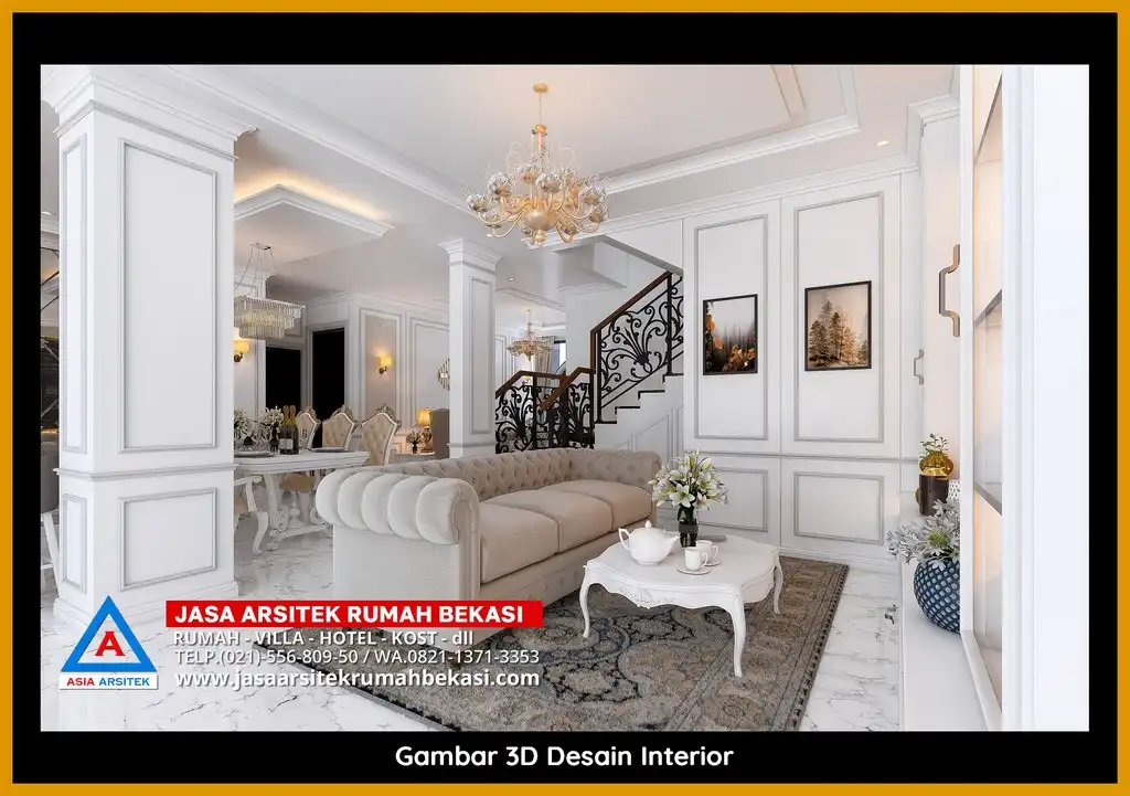 Desain Arsitek 3D fasad rumah klasik mewah di Jaticempaka Bekasi dengan pilar megah dan detail elegan