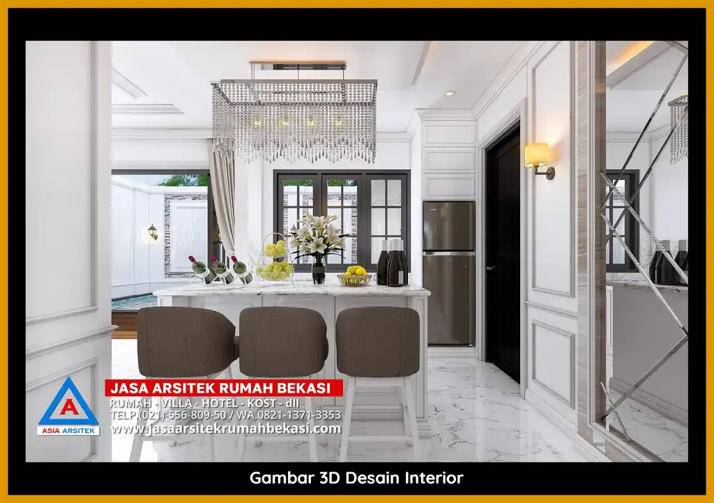 Desain Arsitek 3D fasad rumah klasik mewah di Jaticempaka Bekasi dengan pilar megah dan detail elegan