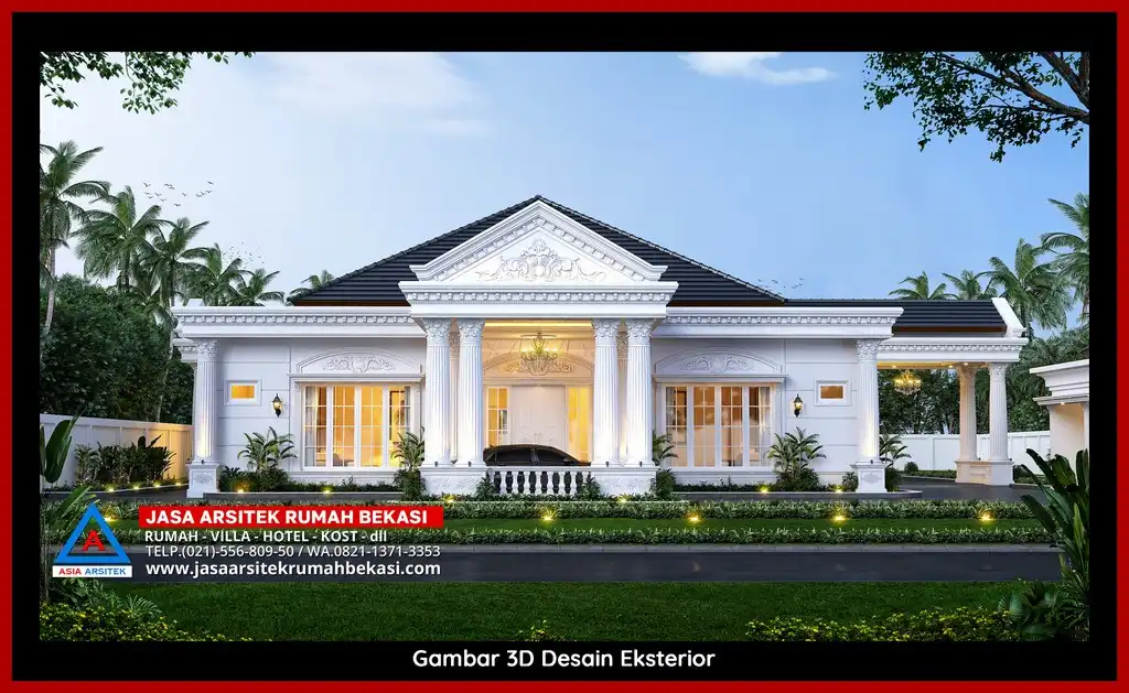 Desain Arsitek 3D fasad rumah klasik mewah di Jatikramat Bekasi dengan pilar megah dan detail elegan