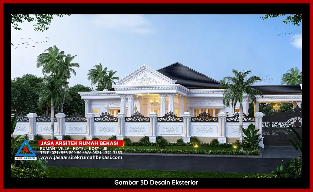 Desain Arsitek 3D fasad rumah klasik mewah di Jatikramat Bekasi dengan pilar megah dan detail elegan