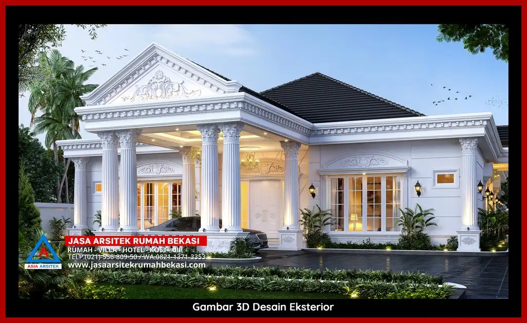 Desain Arsitek 3D fasad rumah klasik mewah di Jatikramat Bekasi dengan pilar megah dan detail elegan
