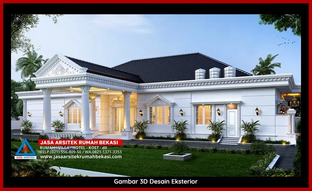 Desain Arsitek 3D fasad rumah klasik mewah di Jatikramat Bekasi dengan pilar megah dan detail elegan