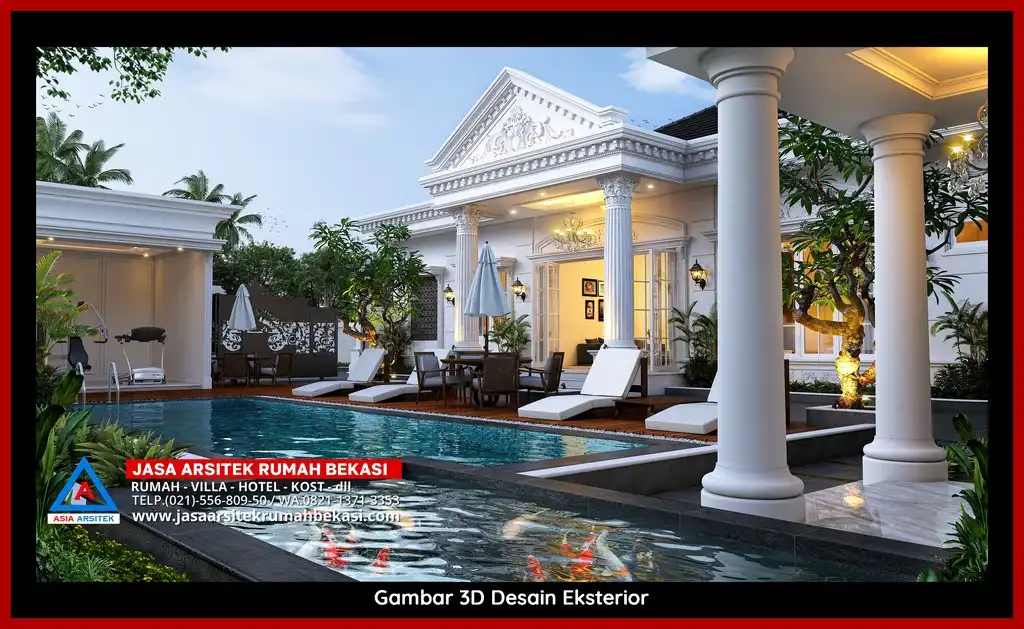 Desain Arsitek 3D fasad rumah klasik mewah di Jatikramat Bekasi dengan pilar megah dan detail elegan