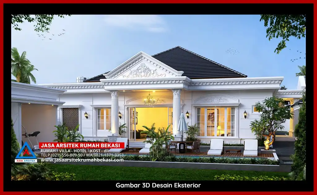 Desain Arsitek 3D fasad rumah klasik mewah di Jatikramat Bekasi dengan pilar megah dan detail elegan