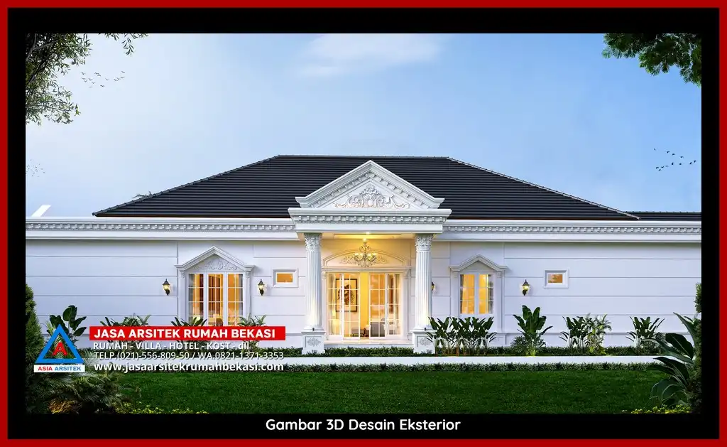 Desain Arsitek 3D fasad rumah klasik mewah di Jatikramat Bekasi dengan pilar megah dan detail elegan