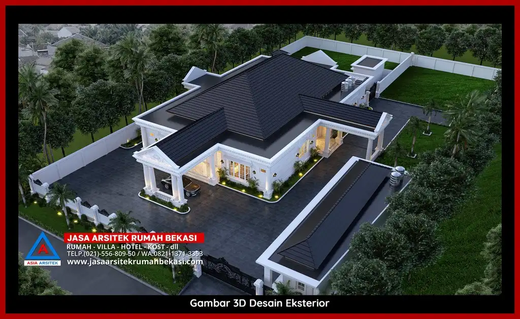 Desain Arsitek 3D fasad rumah klasik mewah di Jatikramat Bekasi dengan pilar megah dan detail elegan
