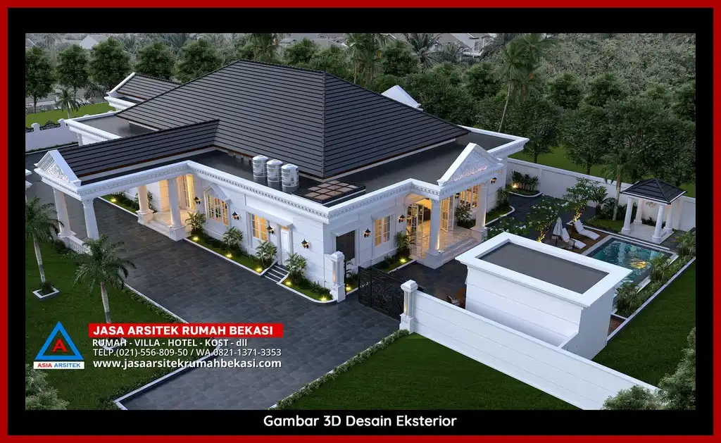 Desain Arsitek 3D fasad rumah klasik mewah di Jatikramat Bekasi dengan pilar megah dan detail elegan
