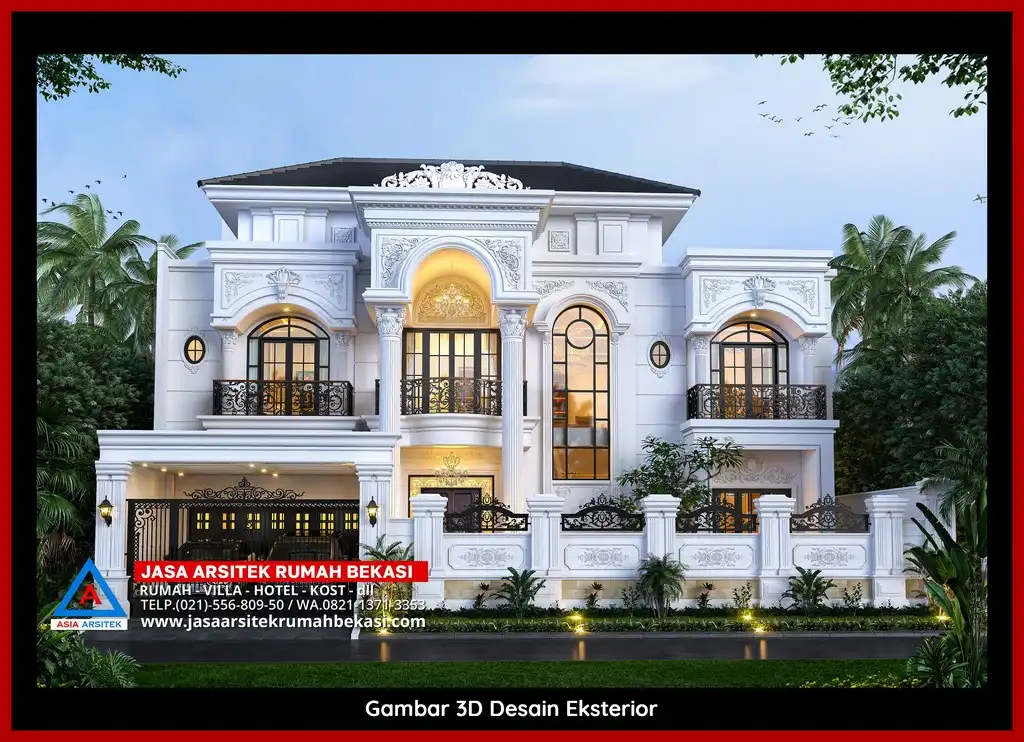 Visualisasi 3D arsitek rumah klasik bergaya Eropa di Jatiluhur Bekasi dengan ornamen mewah
