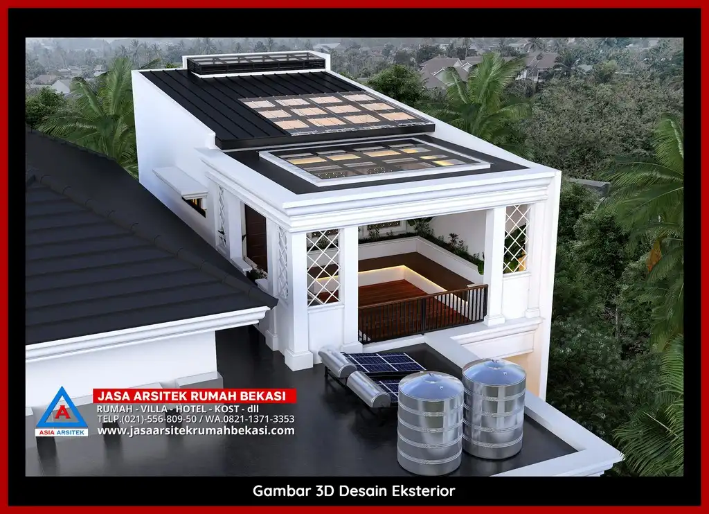 Visualisasi 3D arsitek rumah klasik bergaya Eropa di Jatiluhur Bekasi dengan ornamen mewah
