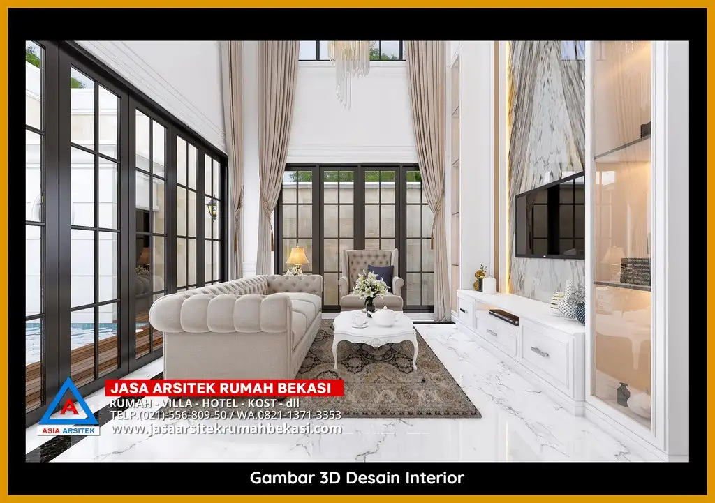 Visualisasi 3D arsitek rumah klasik bergaya Eropa di Jatiluhur Bekasi dengan ornamen mewah