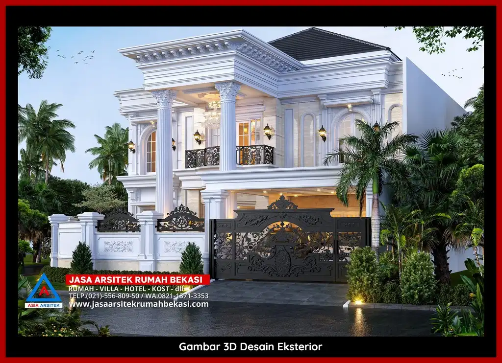 Desain Arsitek 3D rumah klasik 2 lantai di Jatimakmur Bekasi dengan nuansa mewah dan timeless