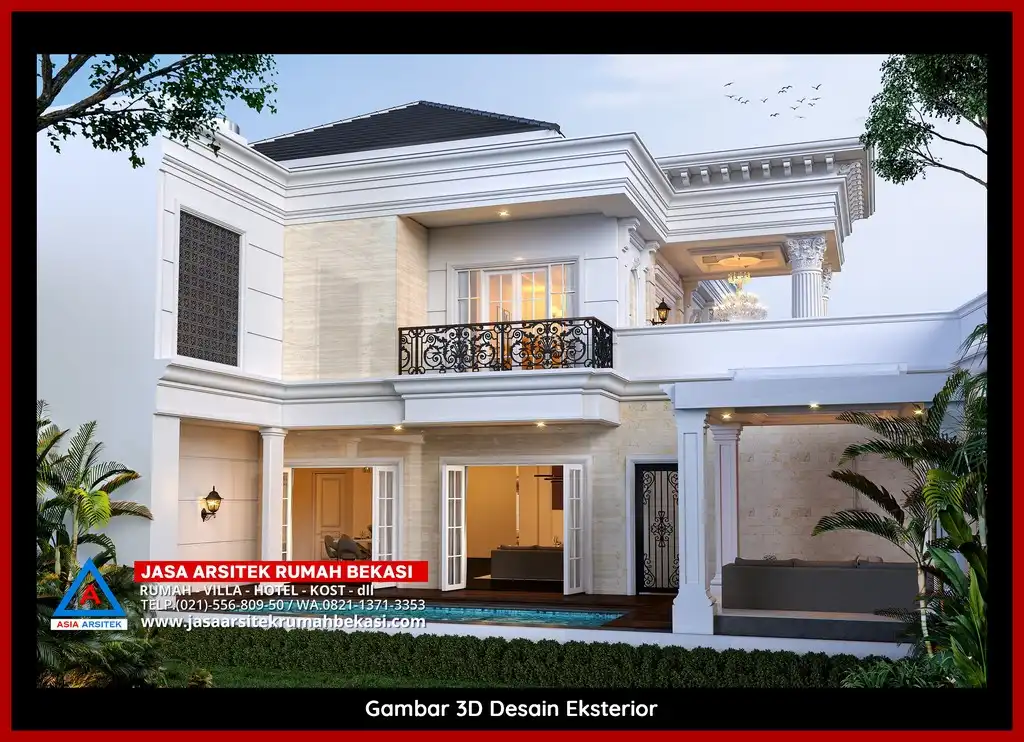 Desain Arsitek 3D rumah klasik 2 lantai di Jatimakmur Bekasi dengan nuansa mewah dan timeless