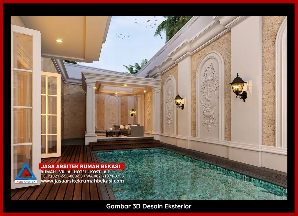 Desain Arsitek 3D rumah klasik 2 lantai di Jatimakmur Bekasi dengan nuansa mewah dan timeless