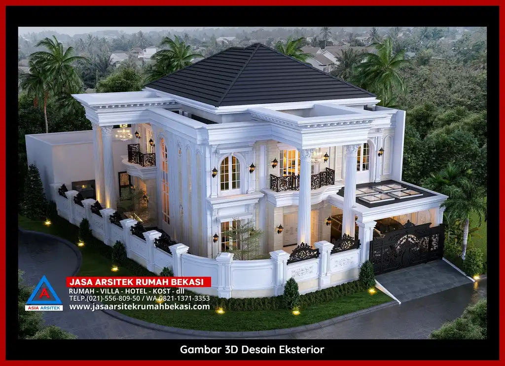 Desain Arsitek 3D rumah klasik 2 lantai di Jatimakmur Bekasi dengan nuansa mewah dan timeless