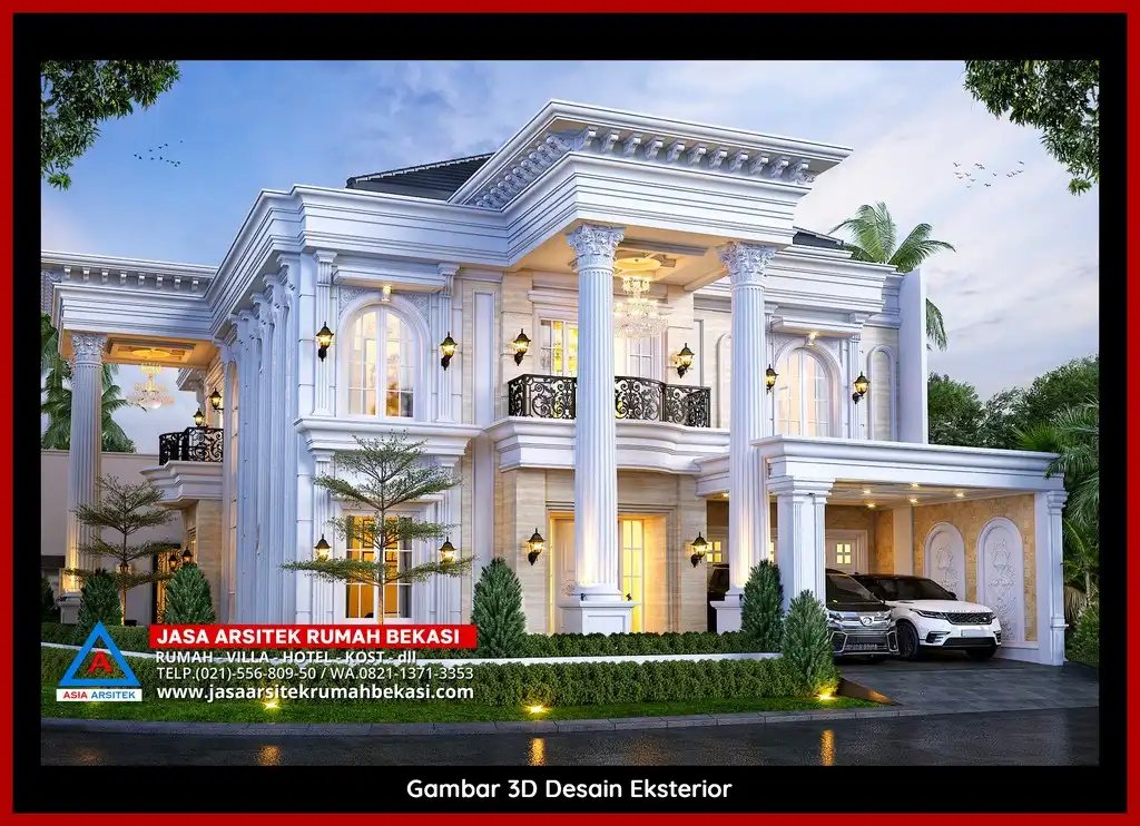 Desain Arsitek 3D rumah klasik 2 lantai di Jatimakmur Bekasi dengan nuansa mewah dan timeless