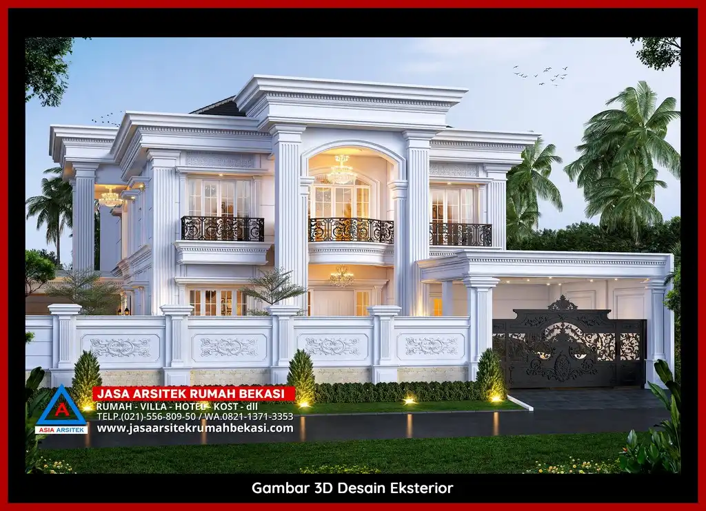 Desain arsitek rumah klasik mewah dengan taman luas dan lanskap indah di Jatimekar Bekasi