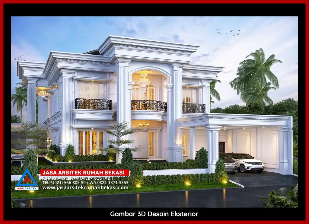 Desain arsitek rumah klasik mewah dengan taman luas dan lanskap indah di Jatimekar Bekasi