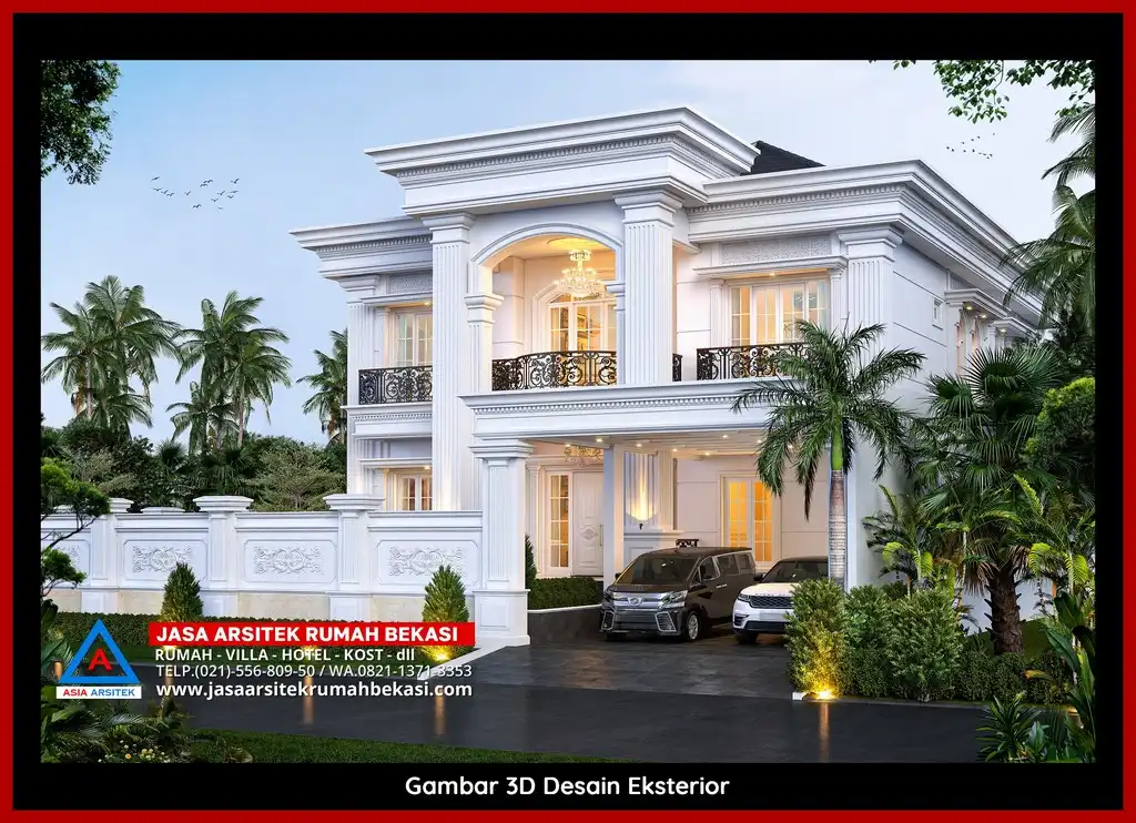 Desain arsitek rumah klasik mewah dengan taman luas dan lanskap indah di Jatimekar Bekasi