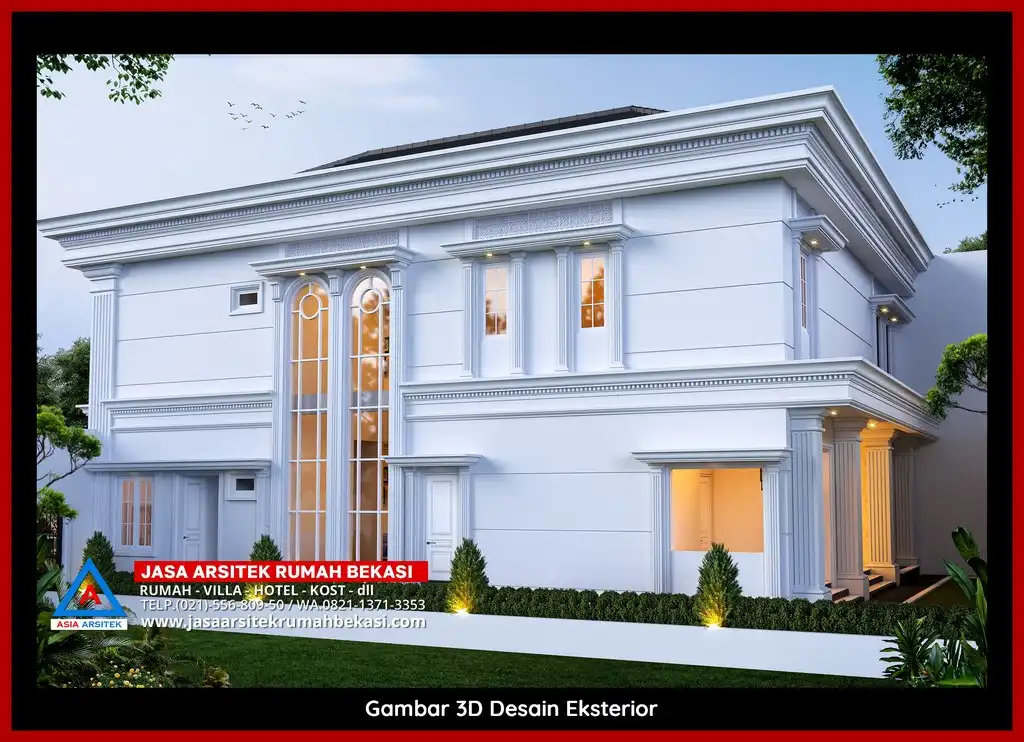 Desain arsitek rumah klasik mewah dengan taman luas dan lanskap indah di Jatimekar Bekasi
